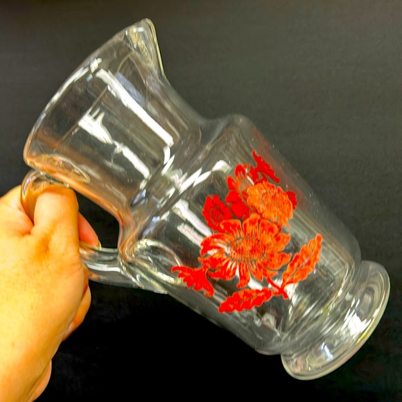 Vintage clear glass 1L pitcher and 4 matching juice glasses red sunflower design - Picture 2 of 12